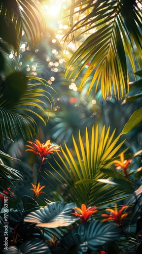 Colorful summer tropical palm leaves with copyspace, trendy summer jungle style floral colorful pattern background, colors botanical tropical leaves ,sun light and shadows, vertical