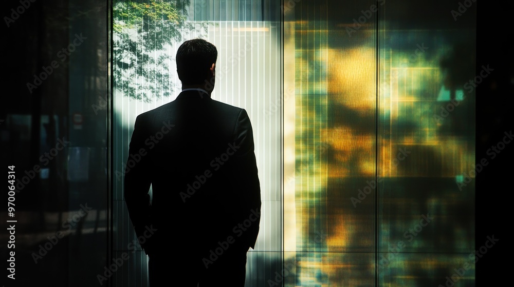 Silhouette of a Man Standing in Front of a Glass Wall Silhouette of a Man Standing in Front of a Glass Wall