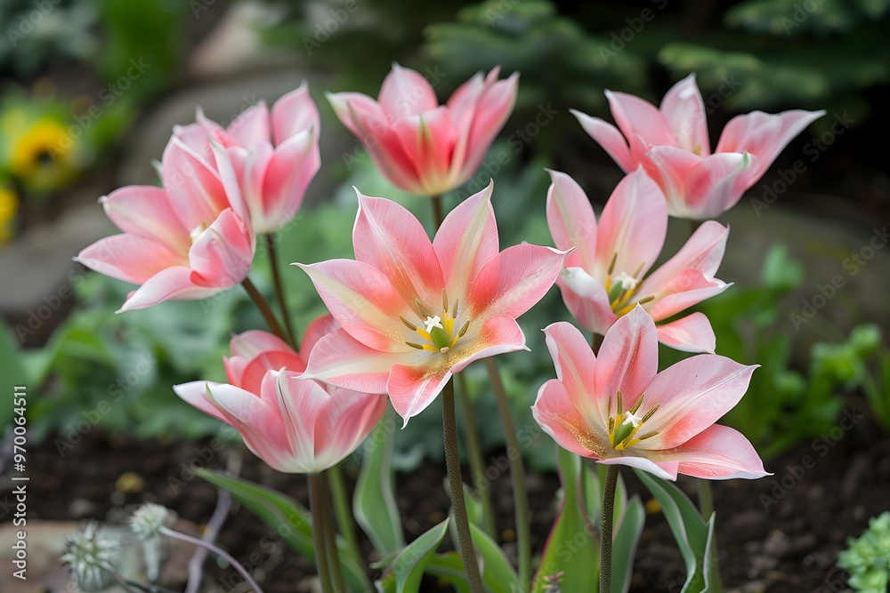 Fototapeta premium Beautiful Pink Tulips Blooming in a Lush Garden Setting
