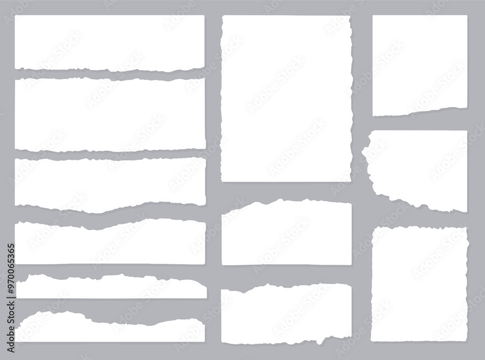 Realistic torn paper edges collection. White torn sheets of paper of sheet edge, note scrap or notebook pages. Ripped business banner. Vector ornament decoration. Vector illustration Realistic torn paper edges collection. White torn sheets of paper of sheet edge, note scrap or notebook pages. Ripped business banner. Vector ornament decoration. Vector illustration
