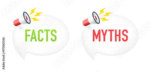 Megaphone with Facts and myths bubble isolated on white background. Truth or fiction with checkmark and cross. Badges for marketing and advertising. Vector illustration