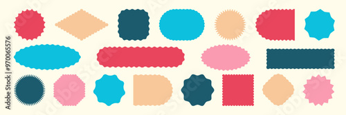 Various wavy zigzag edge Geometric frames. Empty Scalloped shapes icon. Rectangle Ellipse Circle Text Box. Simple Modern blank Tag Label Stamp mark Badge element for design