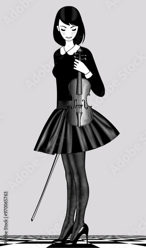 A young girl standing on the chess floor in transparent tights and a black satin dress, holding a violin and a bow in her hands. Drawing in vintage engraving style. Vector illustration 