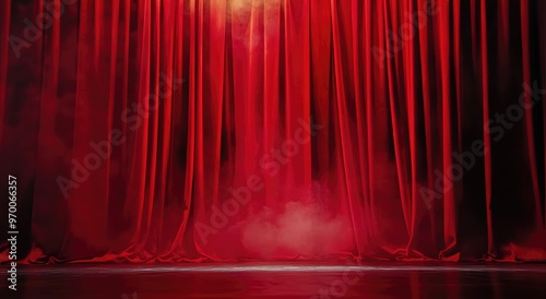 Red velvet curtain with smoke and light.