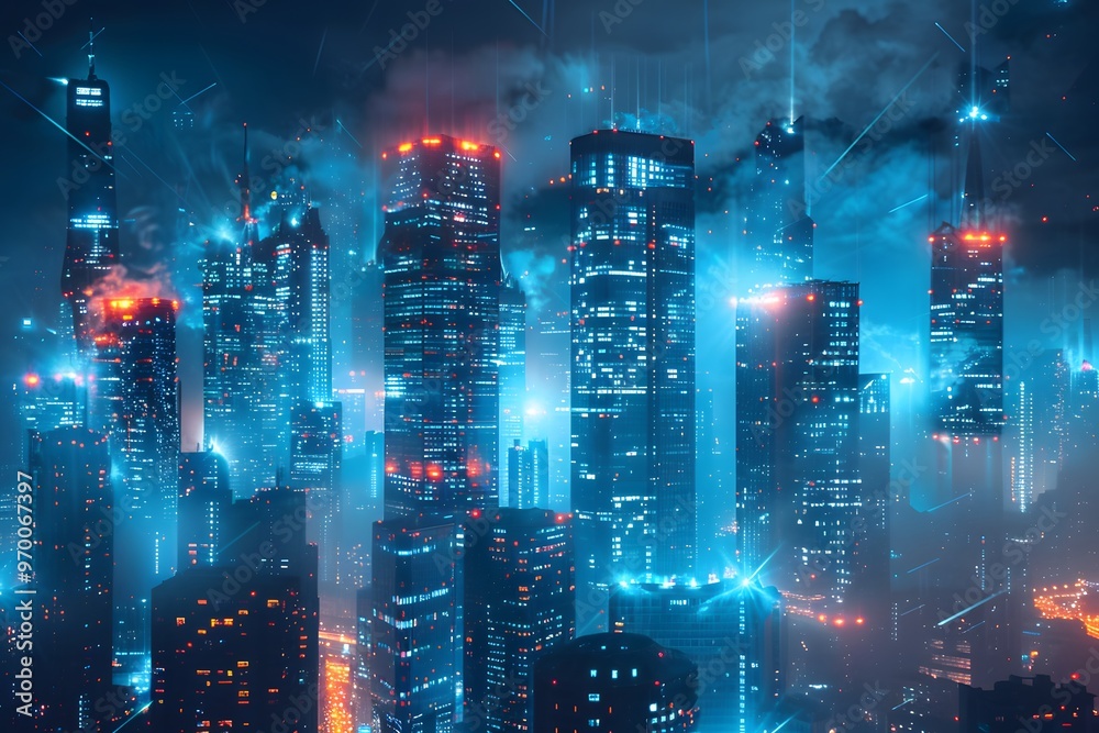 Obraz premium Futuristic Cityscape Illuminated by Neon Lights and Misty Atmosphere