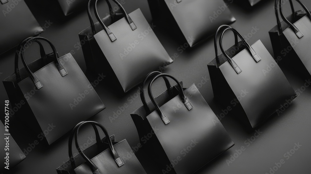 Pattern of many black shopping bags on a dark background, sale, purchase, minimalism. Pattern of many black shopping bags on a dark background, sale, purchase, minimalism.