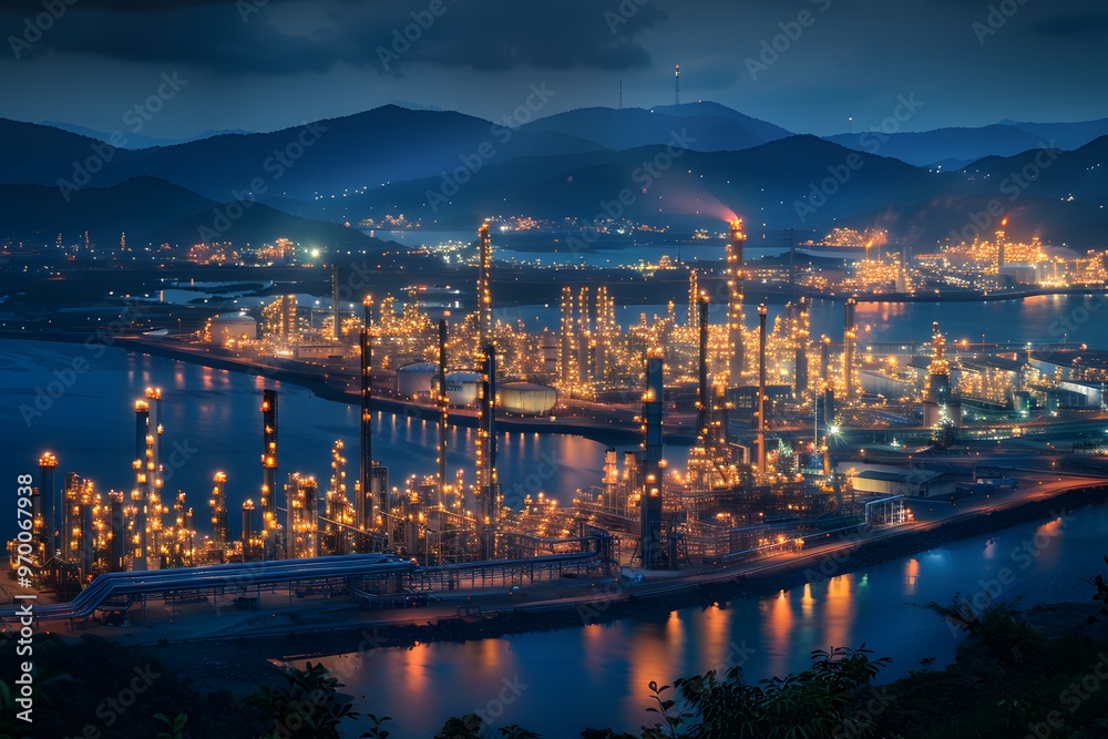 Fototapeta premium Nighttime View of a Vibrant Oil Refinery with Illuminated Structures and Scenic Mountains