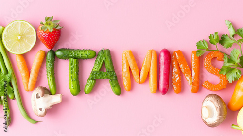 Vegetables arranged to spell Vitamins with healthy fruits and herbs on a pink background showcasing vibrant colors and nutrition photo