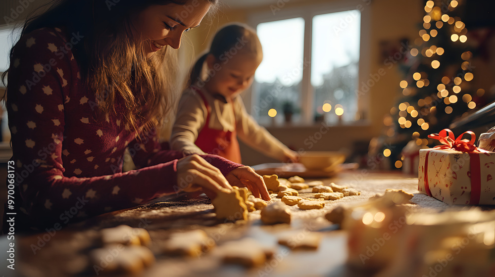 A cozy scene of a family baking Christmas cookies together with small wrapped gifts on the counter. A cozy scene of a family baking Christmas cookies together with small wrapped gifts on the counter.