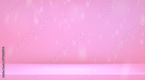 Pink studio room with falling snow effect . Limbo light background. Abstract 3d backdrop for winter product presentation. Minimal wall scene. Vector stage mockup illustration