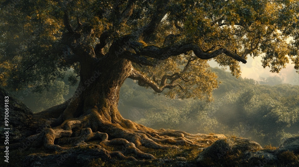 Ancient Tree with Twisted Roots in a Misty Forest. Ancient Tree with Twisted Roots in a Misty Forest.