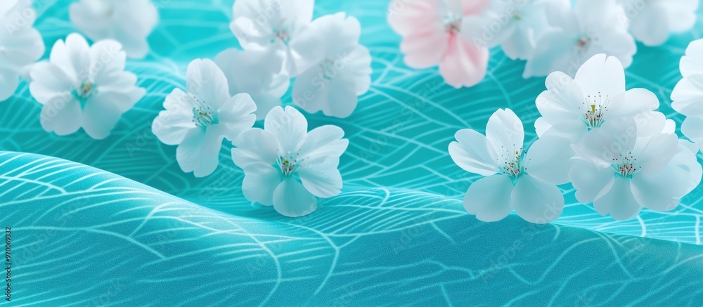 Soft white cherry blossoms float against a turquoise fabric with delicate wave patterns. Floral and relaxation concept. Soft white cherry blossoms float against a turquoise fabric with delicate wave patterns. Floral and relaxation concept.