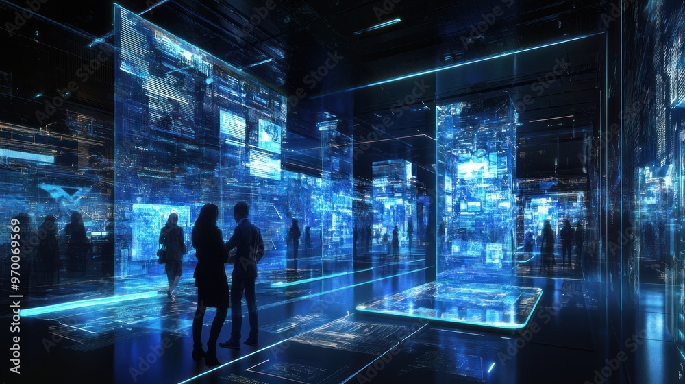 Silhouettes of people in a futuristic digital space Silhouettes of people in a futuristic digital space