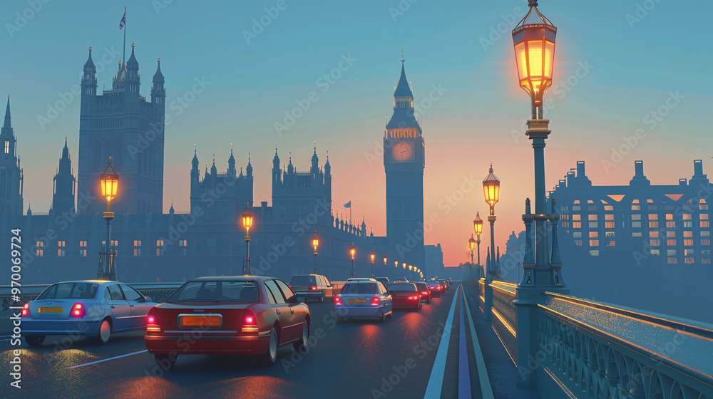 Obraz premium realistic panorama view of london city sunset, big ben land mark, uk streets and buildings, , urban illustration of civilized modern first world country, London city view