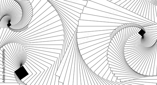 Abstract thin black concentrical spiral squares, swirl fractal, a pattern of geometric black outline shapes. Futuristic illustration of stairs and steps vector lines as a background wallpaper