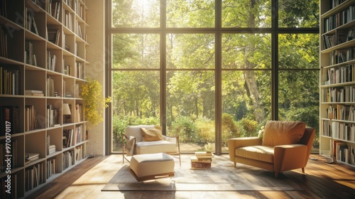 Sunlit Living Room with Large Window and Bookshelves