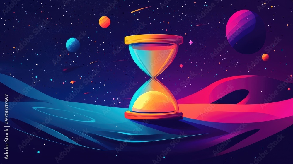 Naklejka premium Surreal Space Landscape with Hourglass and Vibrant Planets Under a Starry Sky
