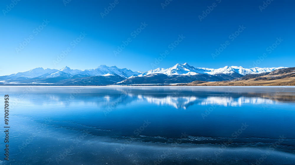 A frozen lake reflecting the snow-capped peaks of distant mountains under a clear blue sky. A frozen lake reflecting the snow-capped peaks of distant mountains under a clear blue sky.