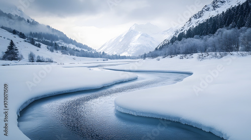 A frozen river meandering through a snow-covered valley with frost glistening on the banks. photo