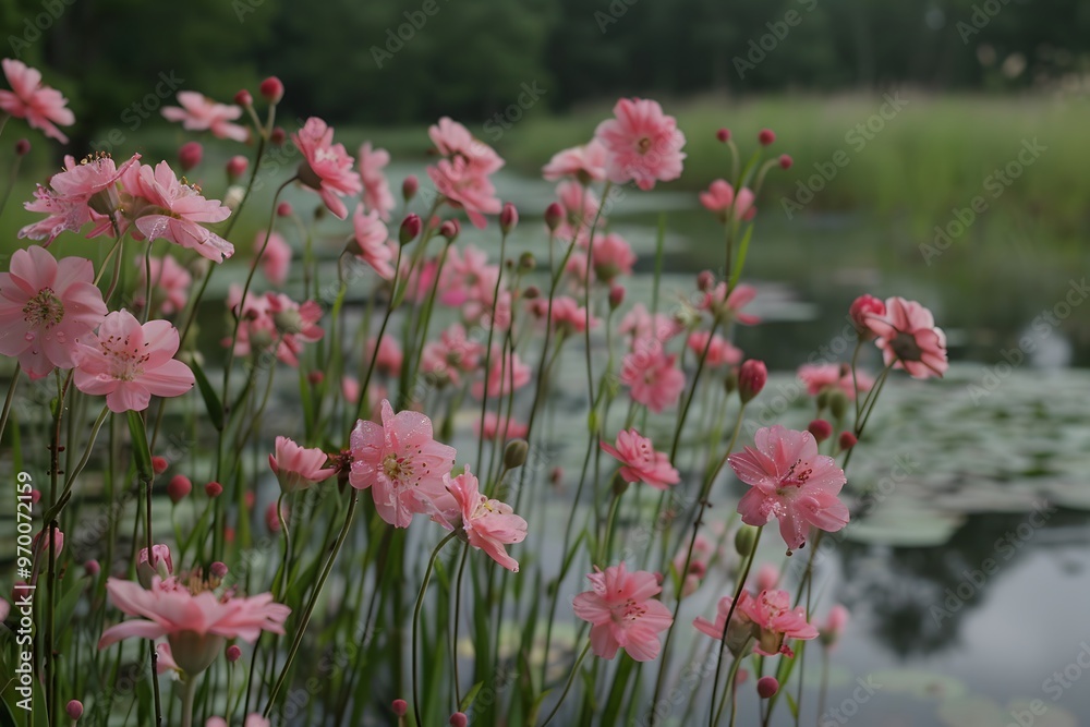 Serene Pink Flowers by a Tranquil Water Body Serene Pink Flowers by a Tranquil Water Body