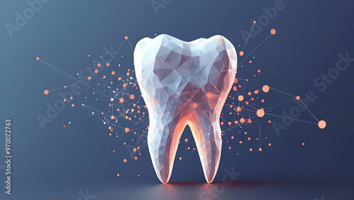 Modern illustration of 3D tooth innovation. Stomatology symbol low polygon photo