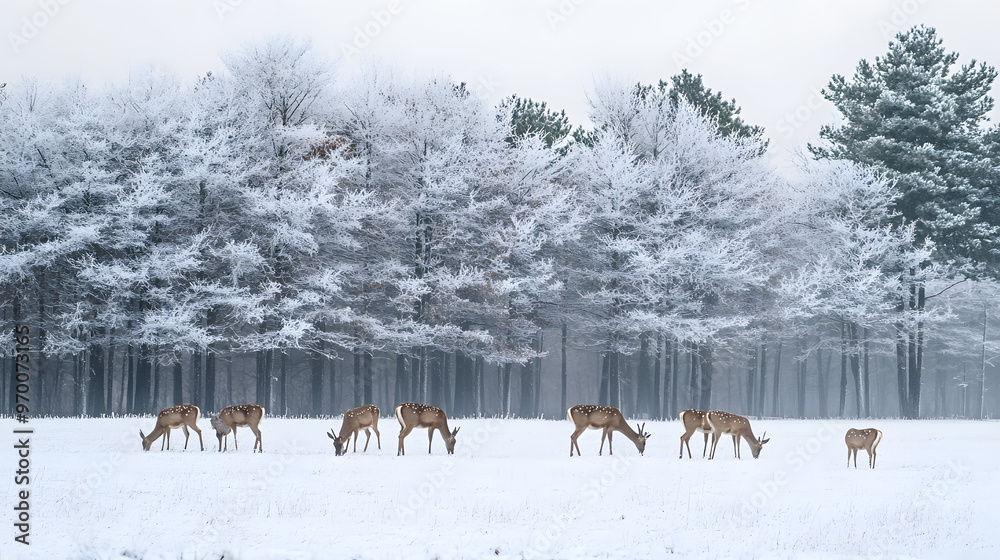 A group of deer grazing in a snow-covered meadow surrounded by frost-covered trees. A group of deer grazing in a snow-covered meadow surrounded by frost-covered trees.