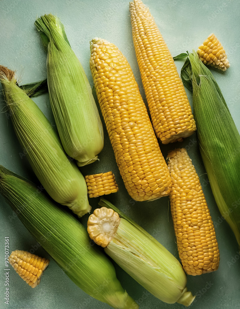Overhead view of Fresh Ripe corn with cut sliced halves food summer background. healthy food background Overhead view of Fresh Ripe corn with cut sliced halves food summer background. healthy food background