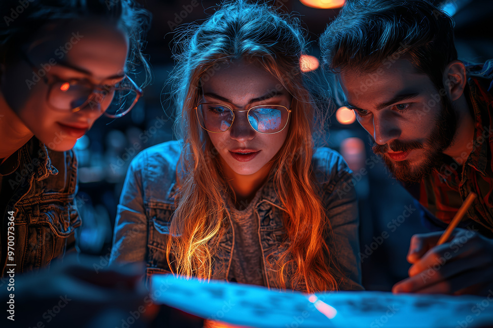 A group of friends engaged in a thrilling escape room challenge, solving puzzles together. Concept of problem-solving and adventure.