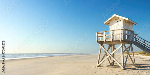Fototapeta Naklejka Na Ścianę i Meble -  Close up of lifeguard house on empty sandy beach at autumn. The end or final of the beach  season
