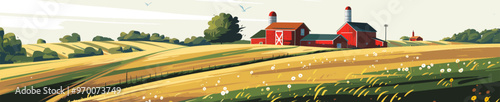 A picturesque farm with red barns sits atop rolling hills, surrounded by golden fields and lush greenery, under a bright summer sky. Generative ai vector illustration. 