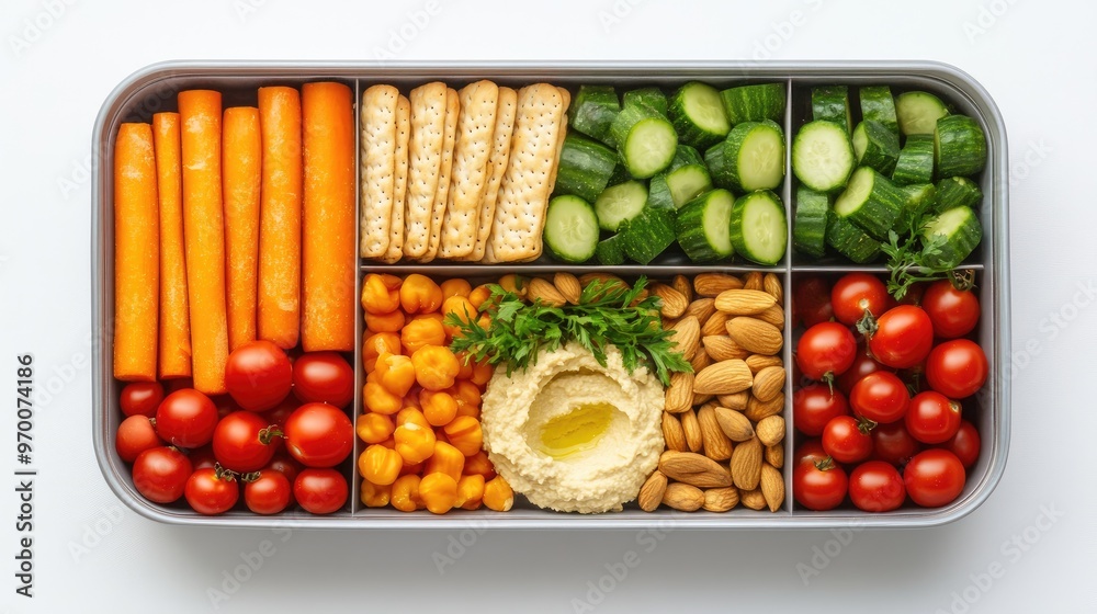 Healthy Vegan Snack Box with Fresh Vegetables, Hummus, Nuts, and Crackers Healthy Vegan Snack Box with Fresh Vegetables, Hummus, Nuts, and Crackers