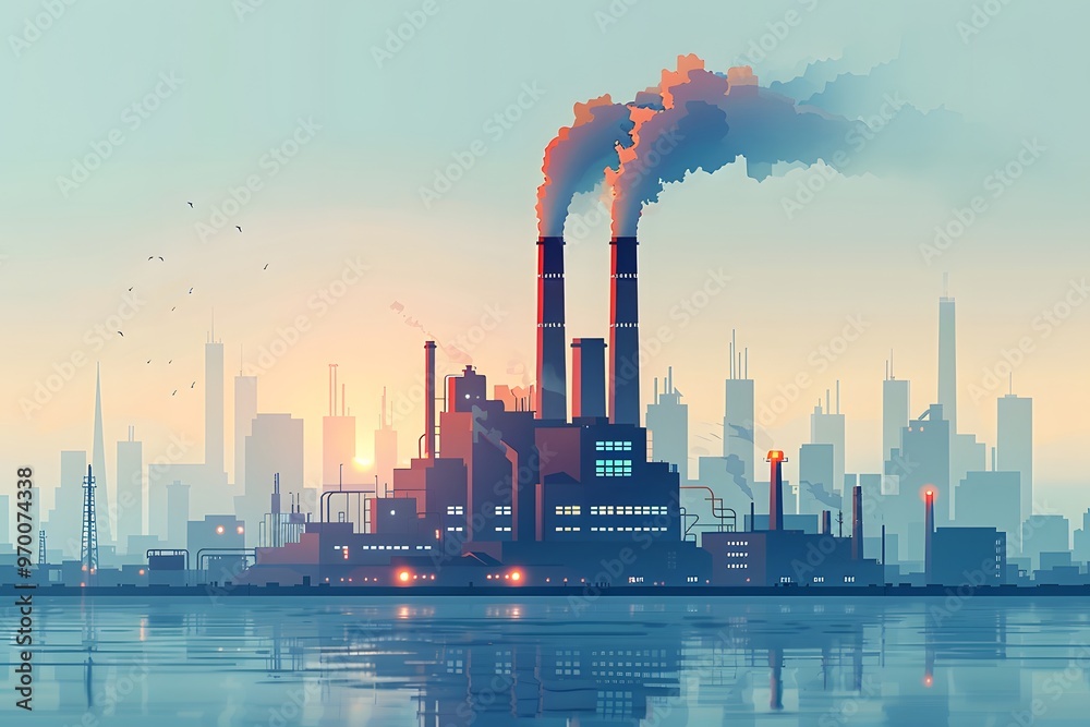 Industrial Skyline at Dusk: A Digital Art Representation of Factories and Cityscape Industrial Skyline at Dusk: A Digital Art Representation of Factories and Cityscape