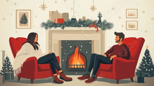 Cozy Winter Fireplace Scene with Couple in Red Chairs, Christmas Decorations, and Holiday Spirit photo