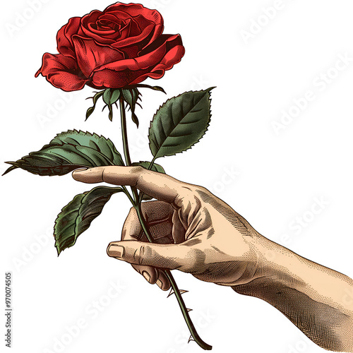 A hand holding a rose with a stem