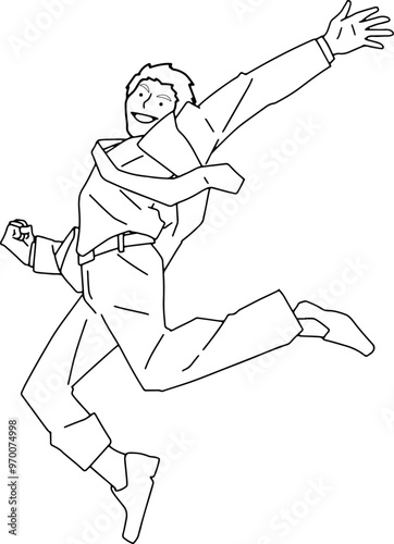 手を広げてジャンプするビジネスマン（線画）