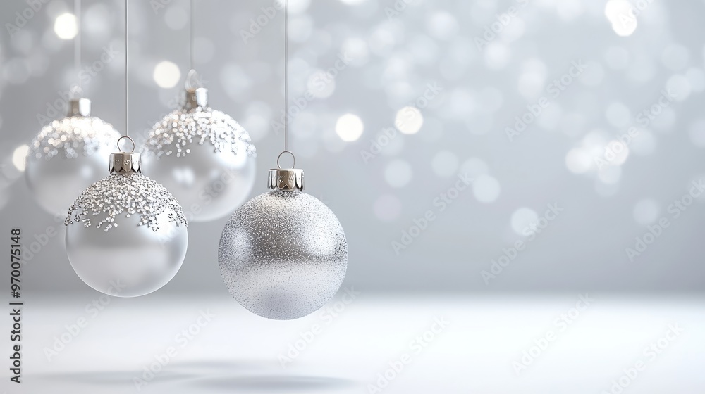 Fototapeta premium Elegant Silver and White Christmas Ornaments Against a Glittering Background