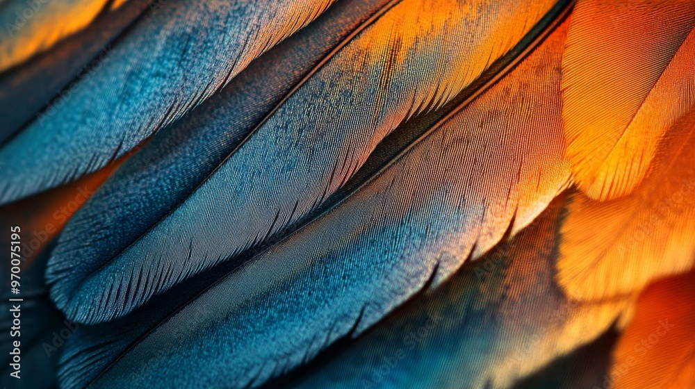 Close-up of colorful bird feathers in vibrant orange and blue, texture and pattern concept Close-up of colorful bird feathers in vibrant orange and blue, texture and pattern concept
