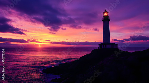 A lighthouse standing tall on a rocky cliff silhouetted against a dramatic sunset with the sky filled with deep purples and fiery oranges guiding ships safely through the night.