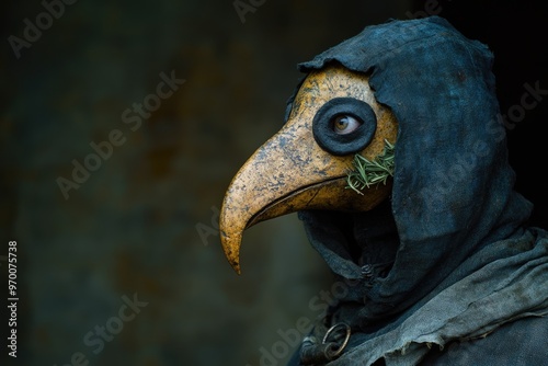 Medieval remedy: The plague doctor with bird beak mask, a distinctive symbol of historical medical practices, epresenting an era of medical history and the fight against plagues. photo