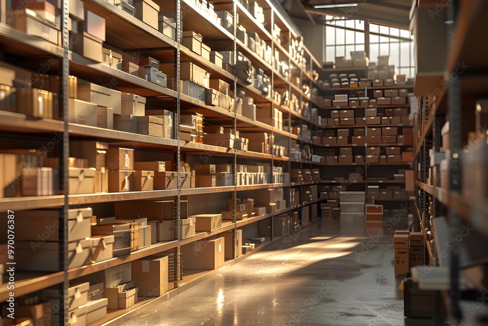 Fototapeta premium A Well-Organized Warehouse Filled with Boxes and Shelves