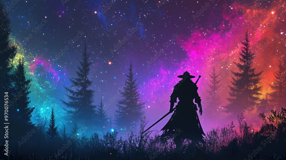 Silhouette of a Person in a Forest at Night. Silhouette of a Person in a Forest at Night.