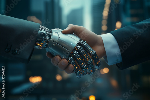 A businessman in a suit shakes hands with a futuristic robot in a bustling urban environment during a bright afternoon