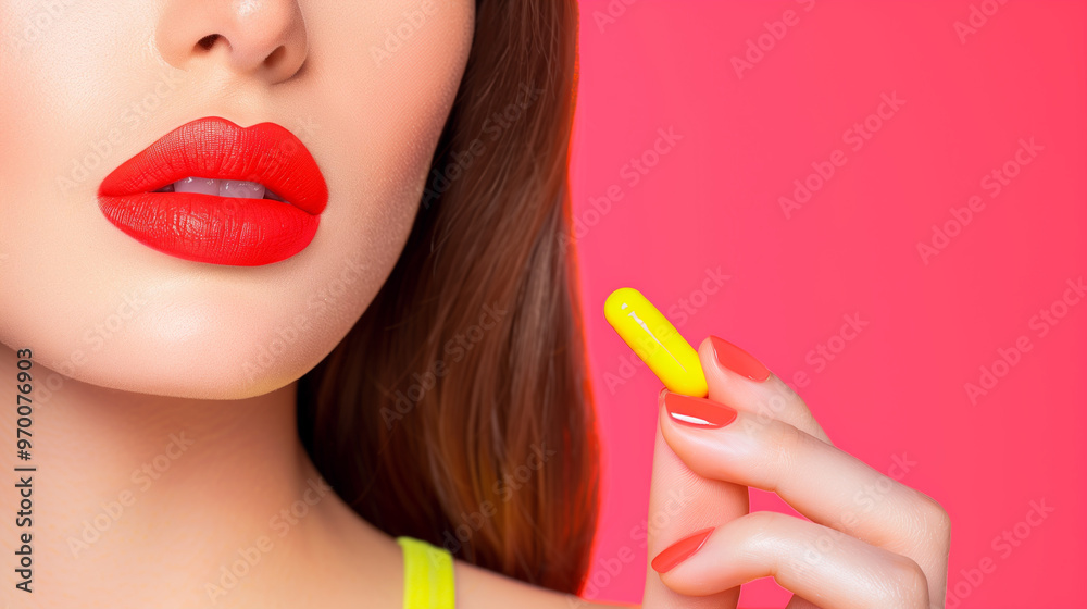 Woman holding yellow capsule promoting beauty and health with striking makeup and vibrant background Woman holding yellow capsule promoting beauty and health with striking makeup and vibrant background