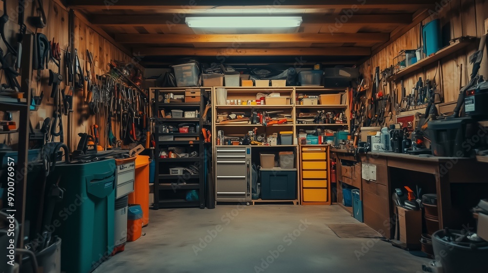 Well-organized workshop filled with various tools and storage units, located in a rustic garage during evening hours Well-organized workshop filled with various tools and storage units, located in a rustic garage during evening hours