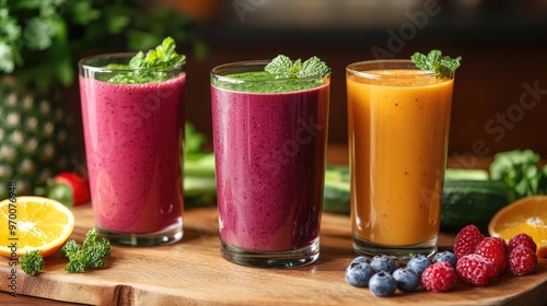 Wallpaper Mural Colorful Fresh Smoothies with Fruits and Vegetables on Wooden Table Torontodigital.ca