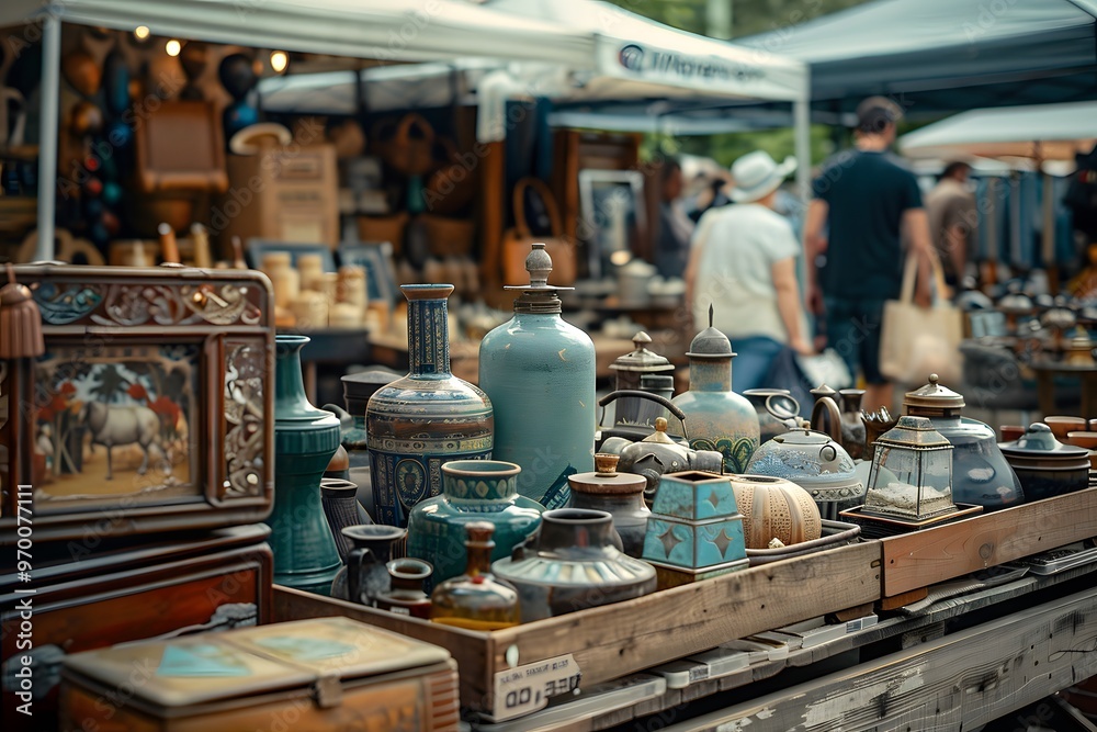 Naklejka premium Vibrant Antique Market Scene with Unique Collectibles and Visitors