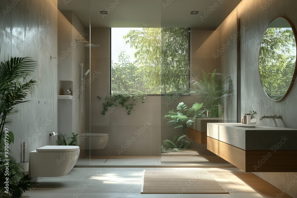 Fototapeta premium Modern bathroom retreat featuring a spacious shower and greenery, enhancing relaxation and tranquility in a stylish setting