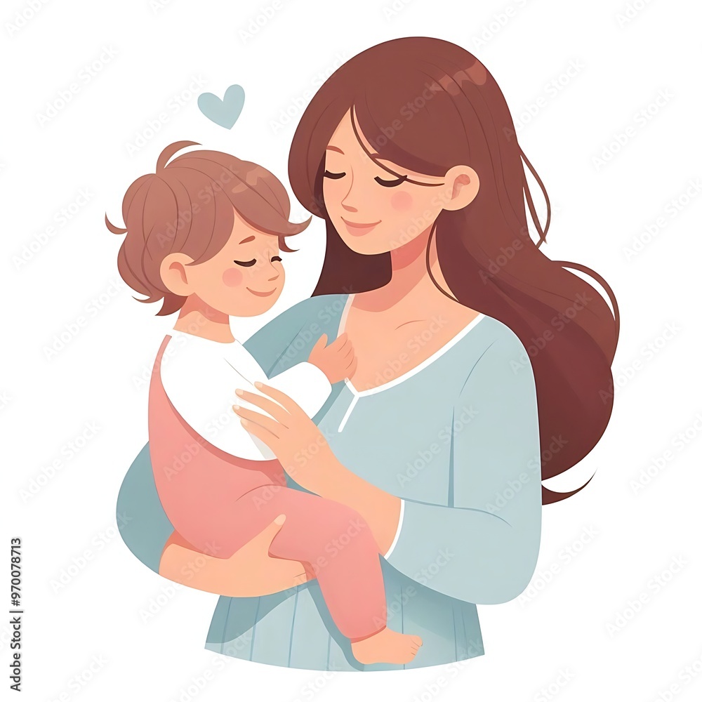 Mother with baby, flat style illustration on white background with leaves Mother with baby, flat style illustration on white background with leaves