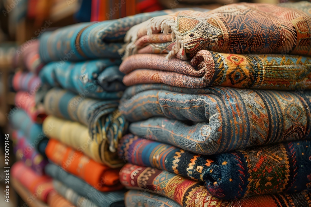 Vibrant Textiles: A Colorful Stack of Handwoven Blankets Vibrant Textiles: A Colorful Stack of Handwoven Blankets