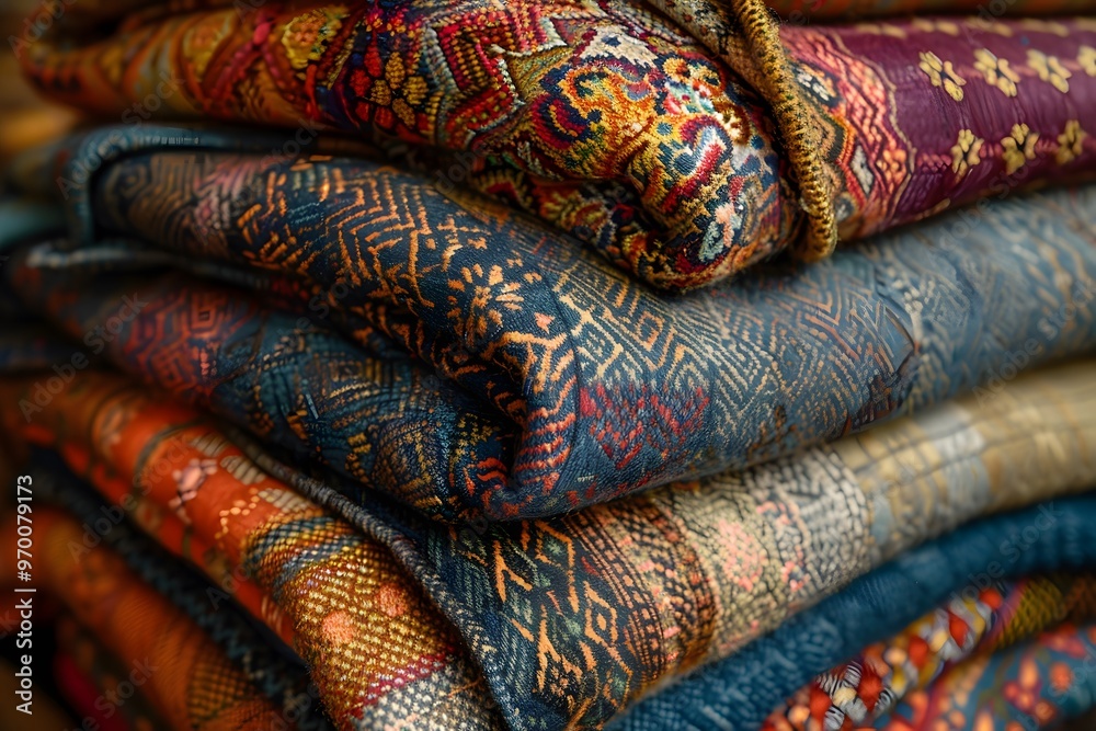 Vibrant Textiles: A Colorful Stack of Intricately Designed Fabrics